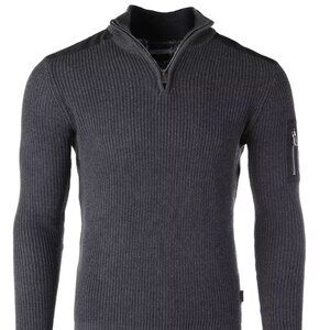 Zimego Mens Gray Ribbed Half-Zip Cotton Sweater‎  Shoulder Accents & Arm Pocket